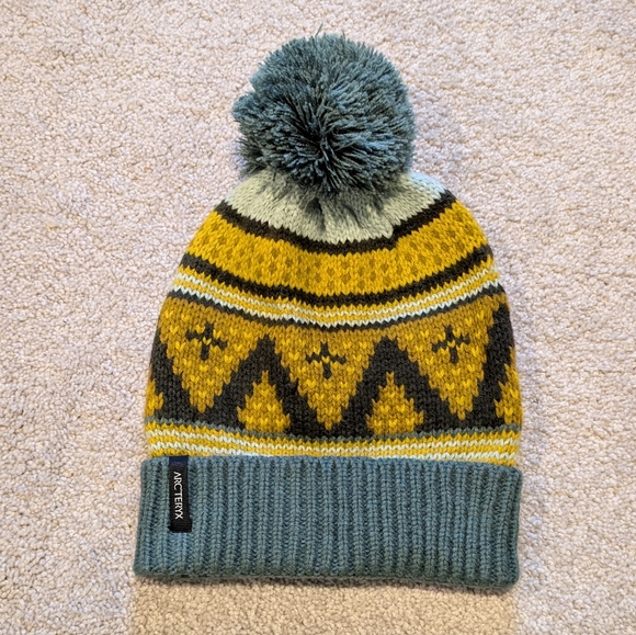 Arc'teryx Women's Fernie Toque Beanie Hat With Pom Pom, Green, Yellow, Brown - Picture 3 of 5